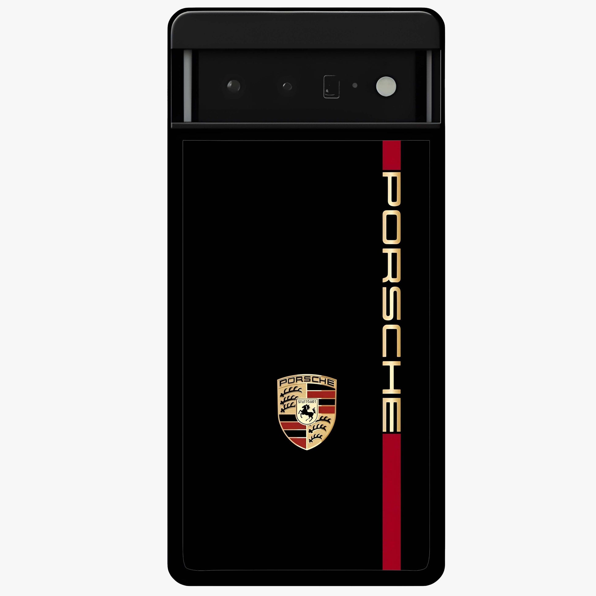 Black Minimal Porsche Glass Case showing flat back view with sleek minimal sports car artwork and glossy glass finish.