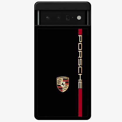 Black Minimal Porsche Glass Case showing flat back view with sleek minimal sports car artwork and glossy glass finish.