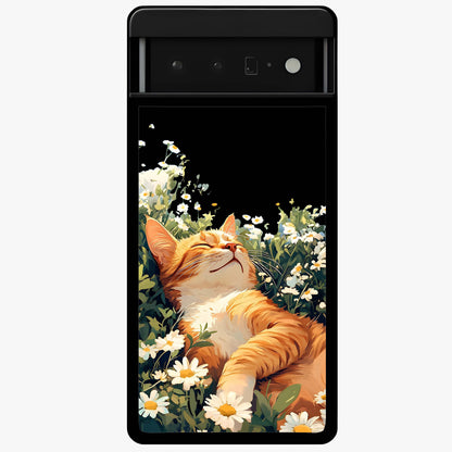 Blissful Bloom Cat Glass Case showing flat back view with cute cat and floral bloom artwork and glossy glass finish.