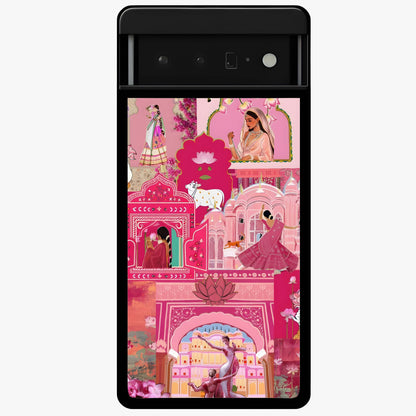 Blossoms of Rajasthan Glass Case showing flat back view with traditional floral artwork inspired by Rajasthan and glossy glass finish.