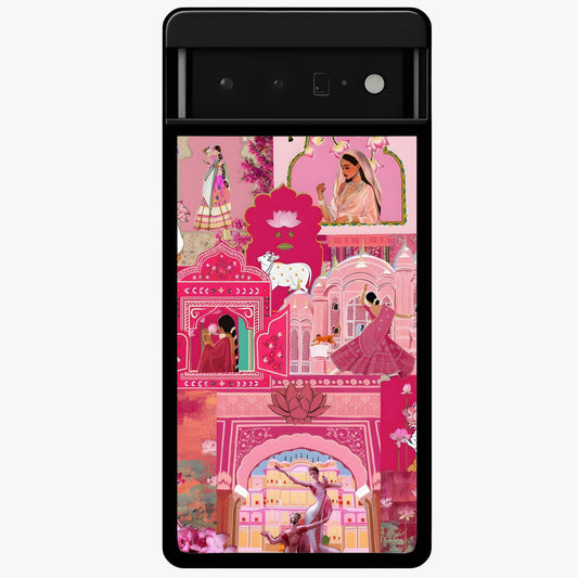 Blossoms of Rajasthan Glass Case showing flat back view with traditional floral artwork inspired by Rajasthan and glossy glass finish.