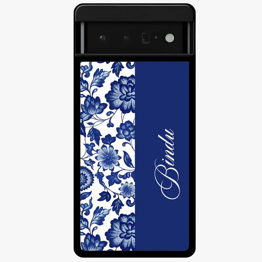 Blue Vintage Floral Pattern Glass Case upright view showcasing timeless floral illustration with vintage inspired style.