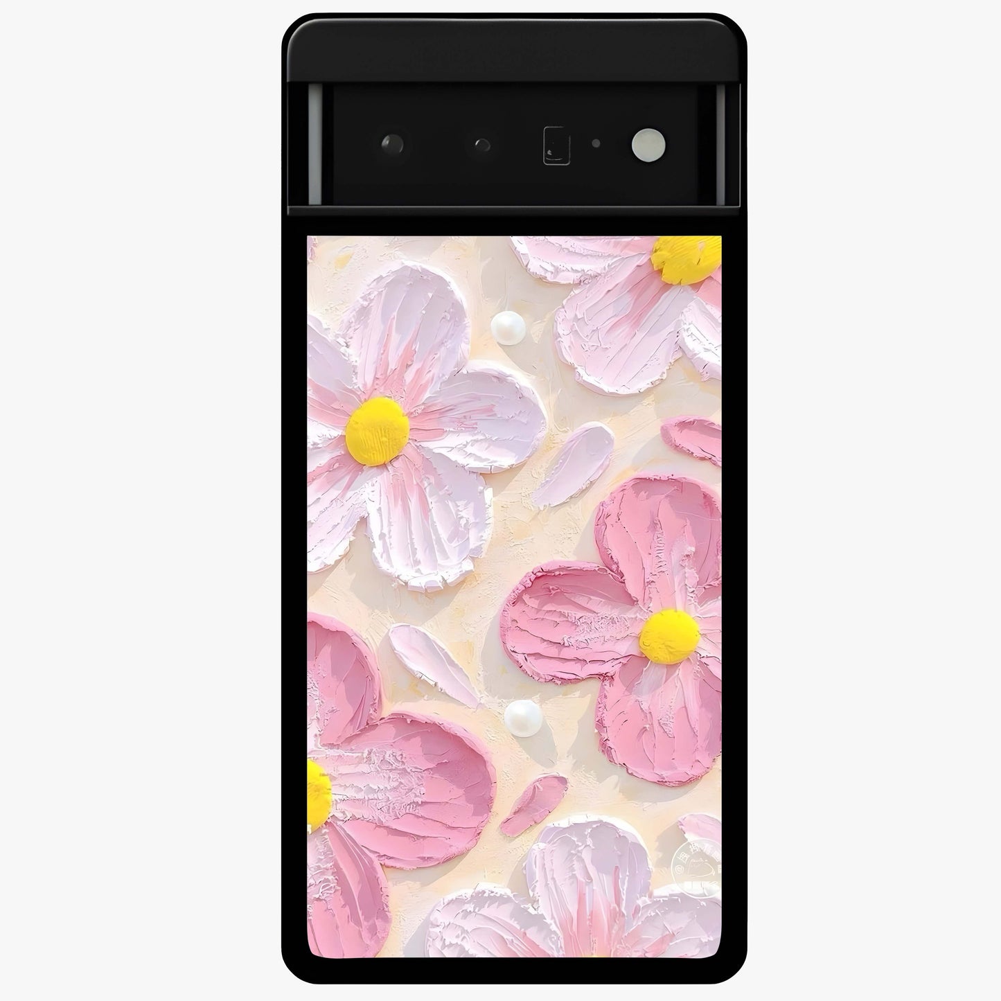 Blush Bloom Texture Glass Case showing flat back view with soft blush floral texture artwork and glossy glass finish.