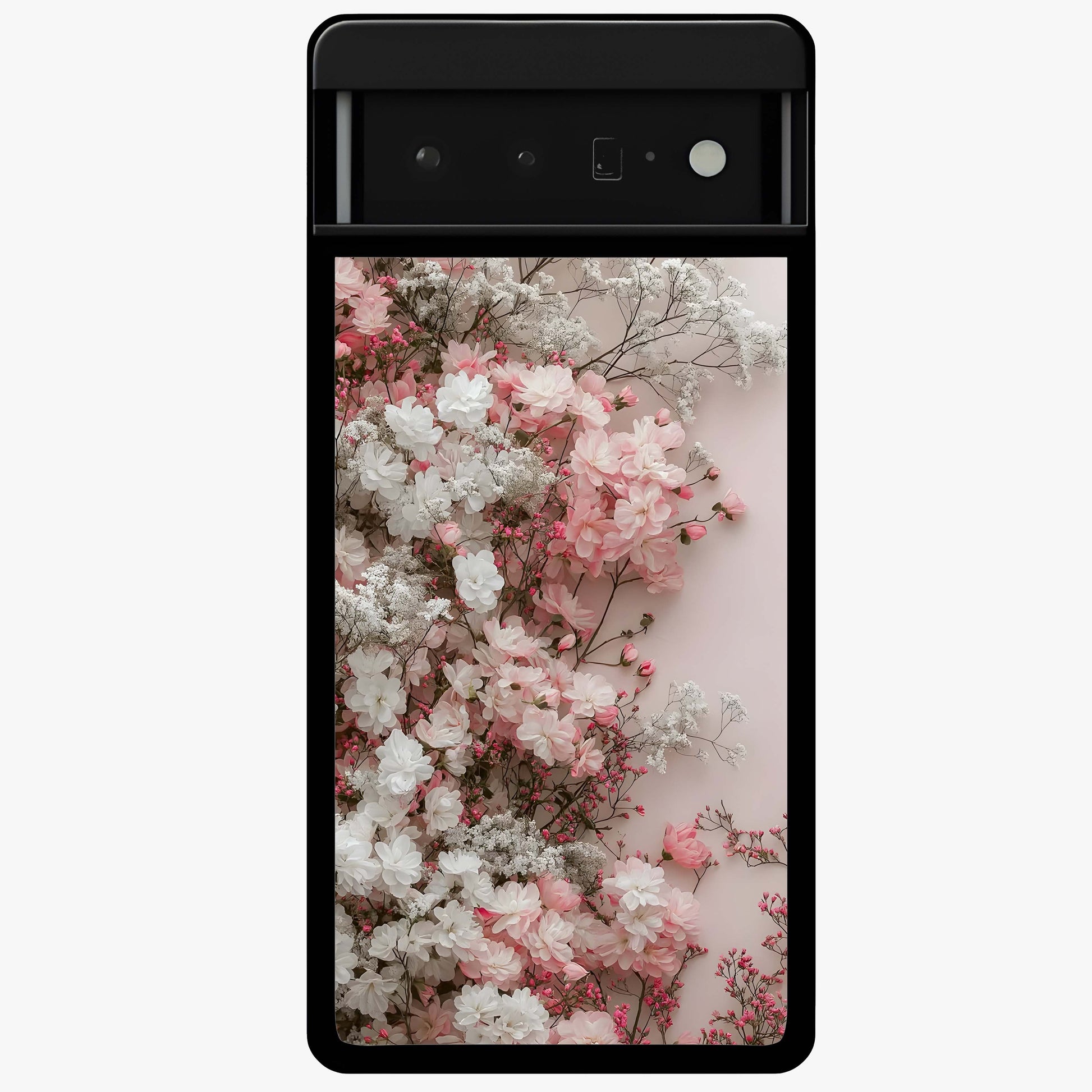 Blush Blossom Cloud Glass Case showing flat back view with dreamy blush cloud blossom artwork and glossy glass finish.