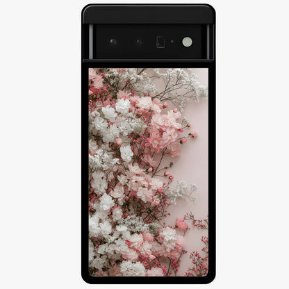 Blush Blossom Cloud Glass Case showing flat back view with dreamy blush cloud blossom artwork and glossy glass finish.