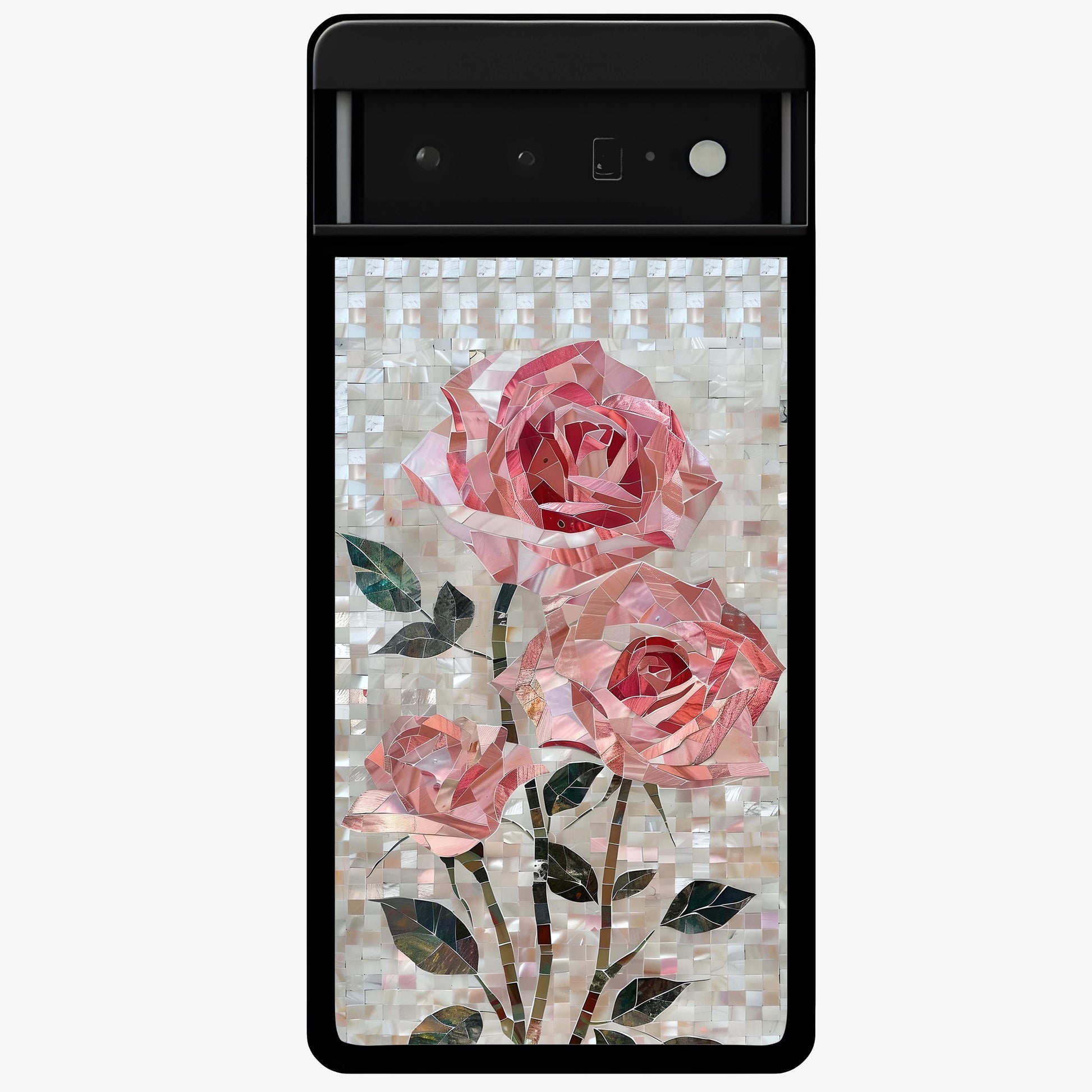 Blush Mosaic Bloom Glass Case showing flat back view with mosaic floral bloom artwork and glossy glass finish.