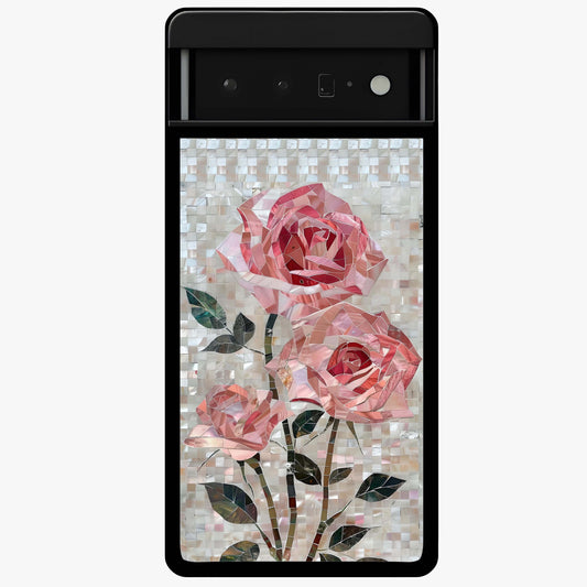 Blush Mosaic Bloom Glass Case showing flat back view with mosaic floral bloom artwork and glossy glass finish.