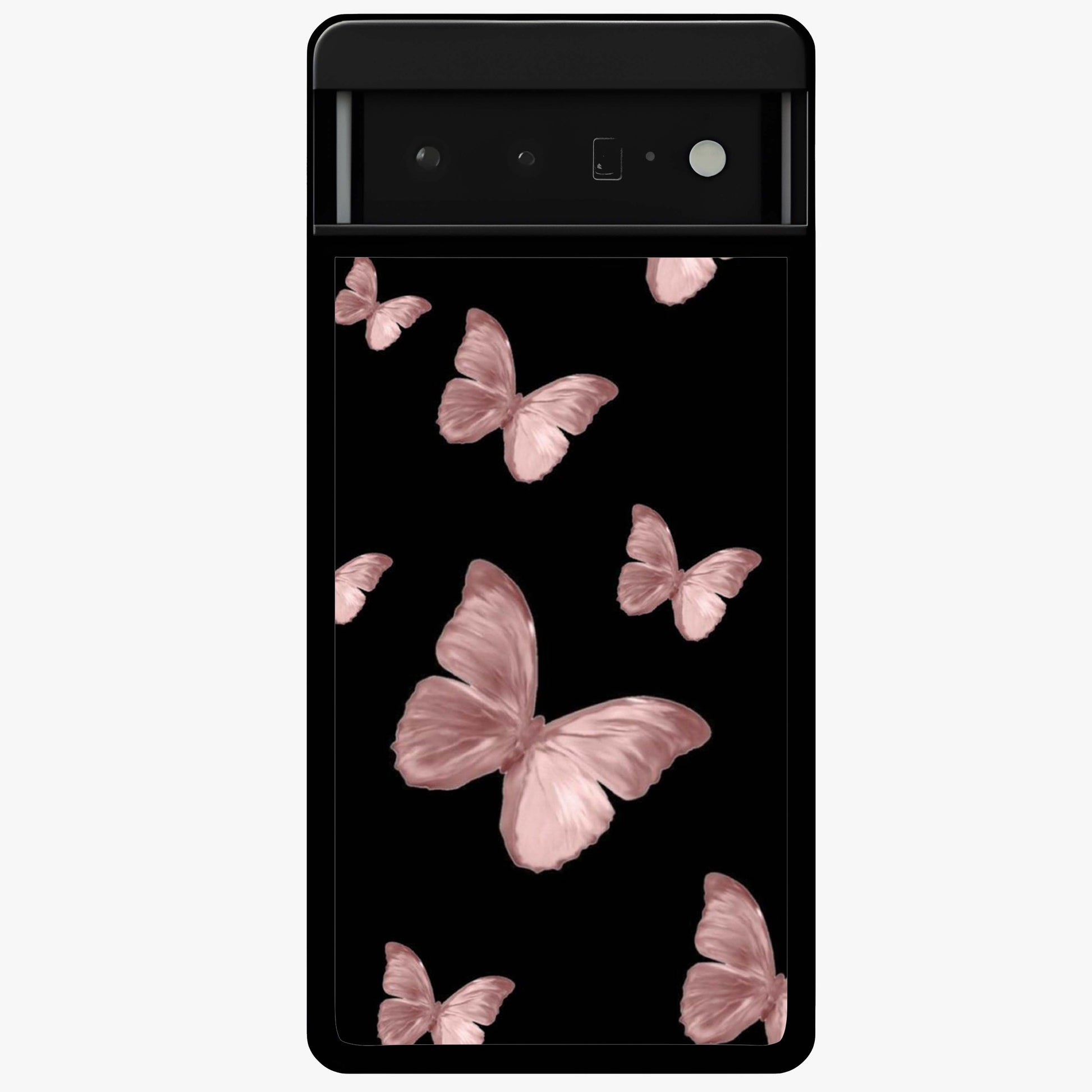 Butterfly Pattern Glass Case showing flat back view with elegant butterfly pattern artwork and glossy glass finish.