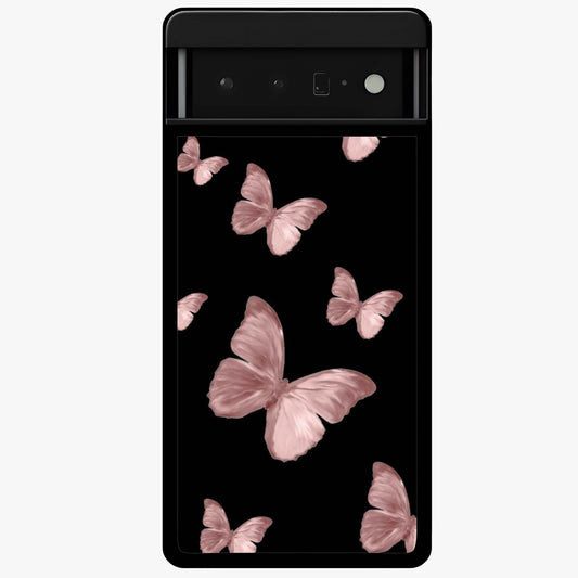 Butterfly Pattern Glass Case showing flat back view with elegant butterfly pattern artwork and glossy glass finish.