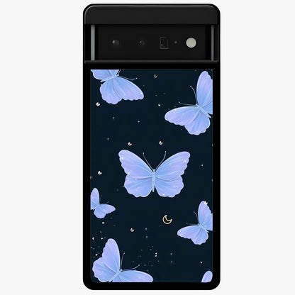 Butterfly With Stars Pattern Glass Case showing flat back view with butterfly and star pattern artwork and glossy glass finish.