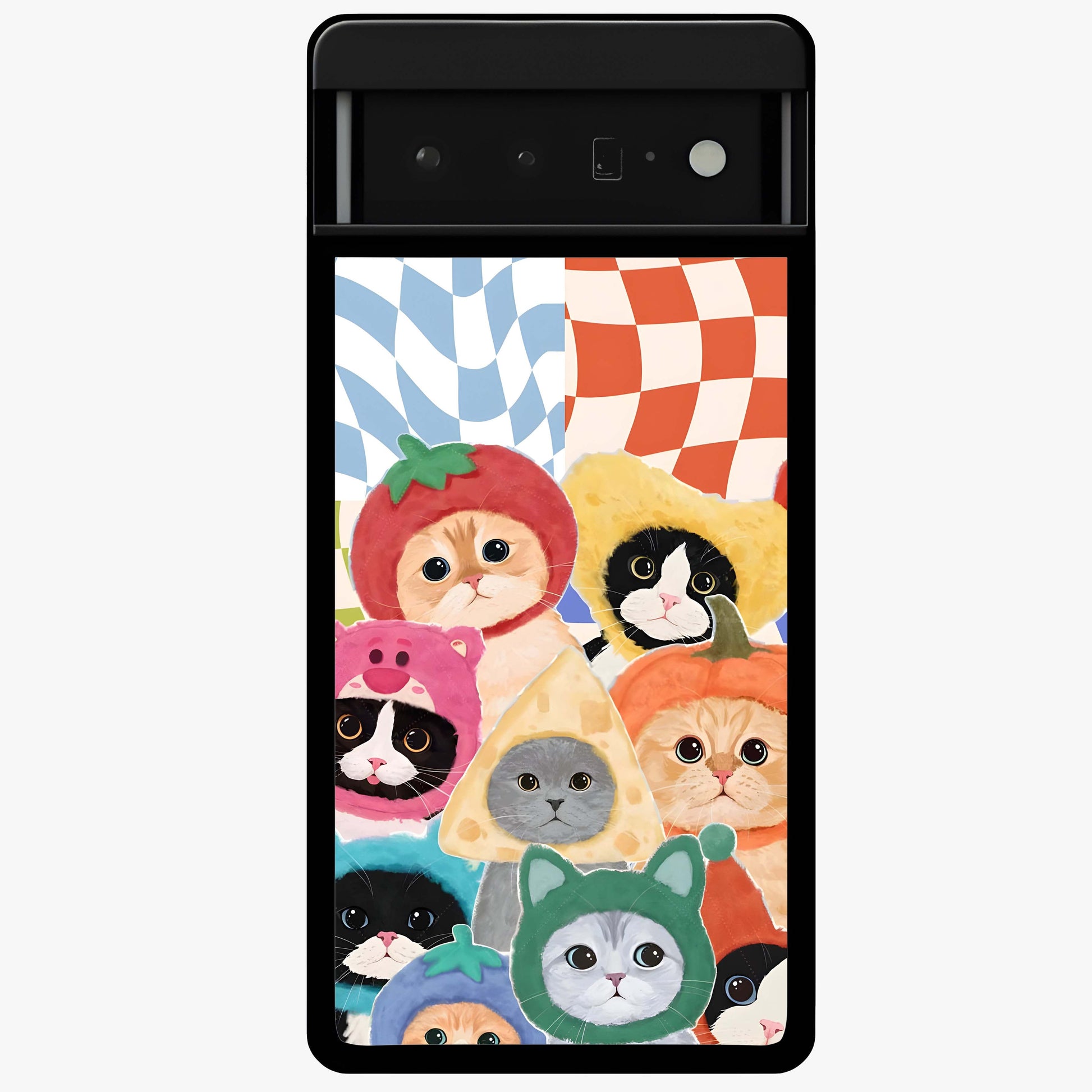 Cats in Fruits Glass Case showing flat back view with playful cat illustrations inside fruit artwork and glossy glass finish.