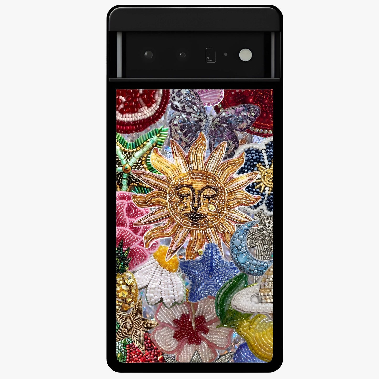 Celestial Floral and Playful Glass Case showing flat back view with floral and celestial themed artwork and glossy glass finish.
