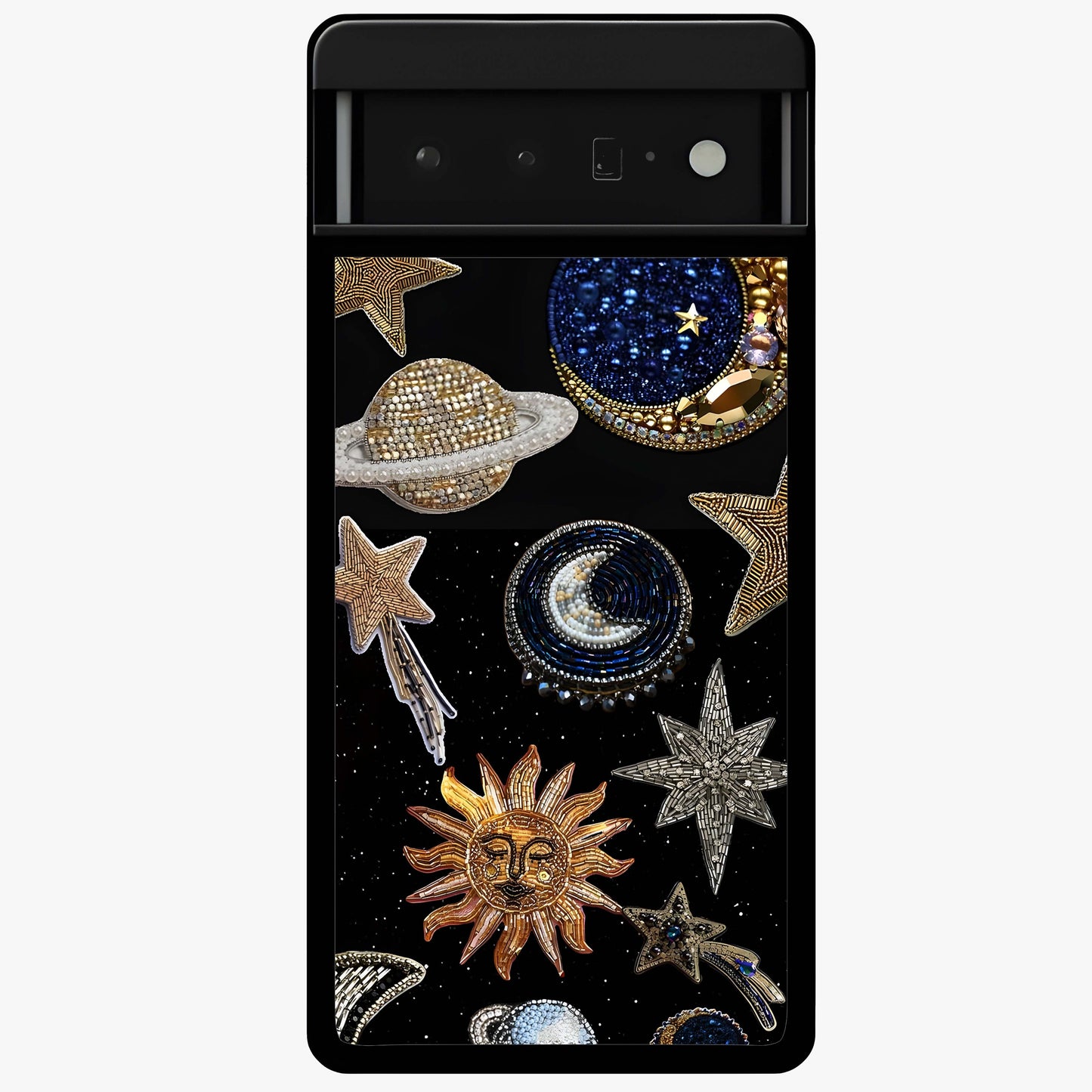 Celestial Gem Constellations Glass Case showing flat back view with sparkling constellation artwork and glossy glass finish.