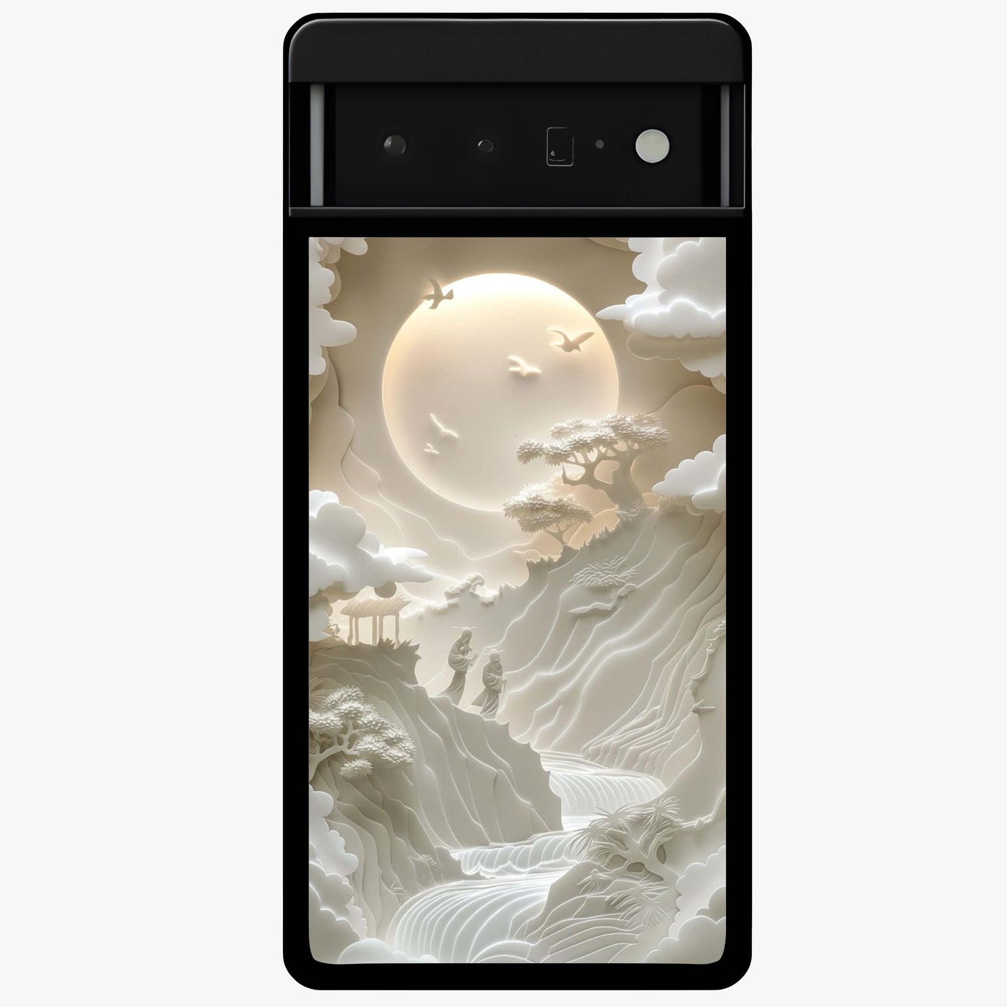 Celestial Origami Glass Case showing flat back view with artistic origami inspired celestial artwork and glossy glass finish.