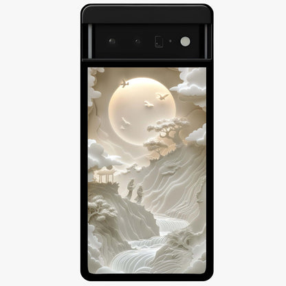 Celestial Origami Glass Case showing flat back view with artistic origami inspired celestial artwork and glossy glass finish.