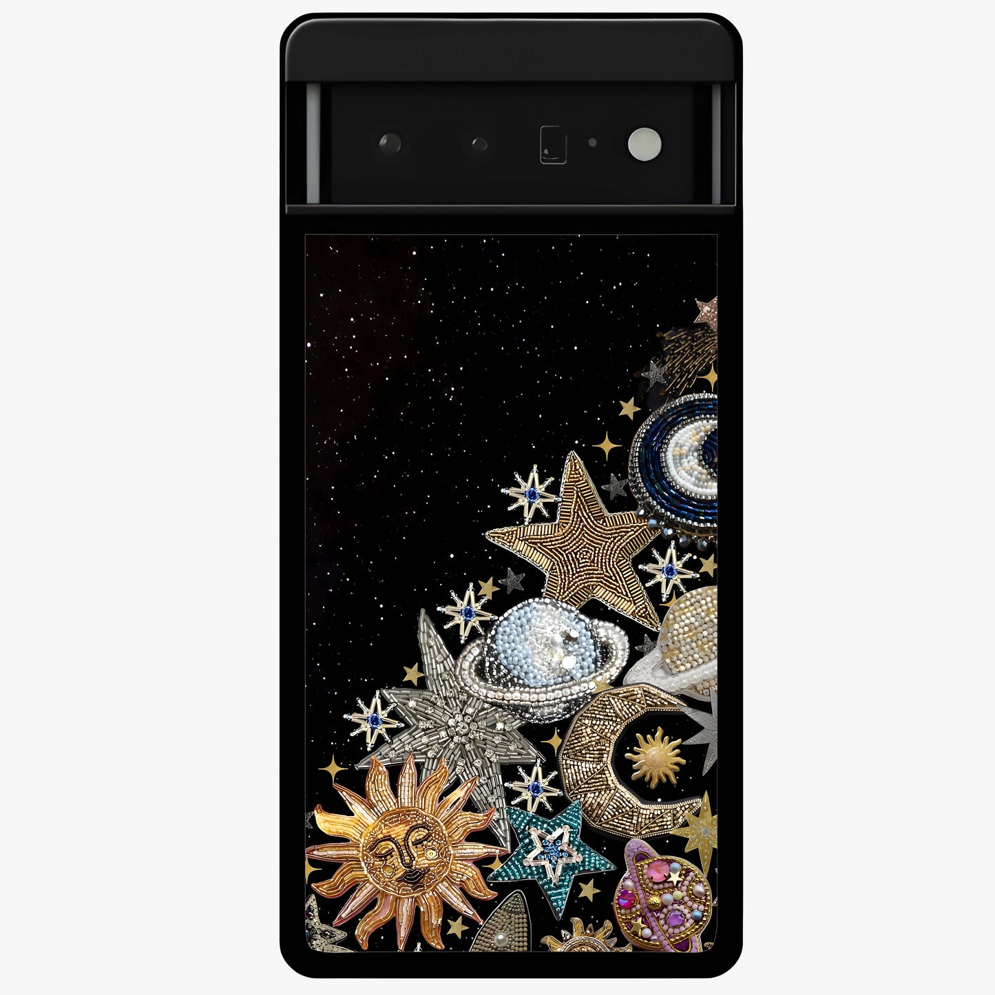 Cosmic Sparkle Dreams Glass Case showing flat back view with sparkling cosmic artwork and glossy glass finish.
