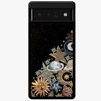 Cosmic Sparkle Dreams Glass Case showing flat back view with sparkling cosmic artwork and glossy glass finish.
