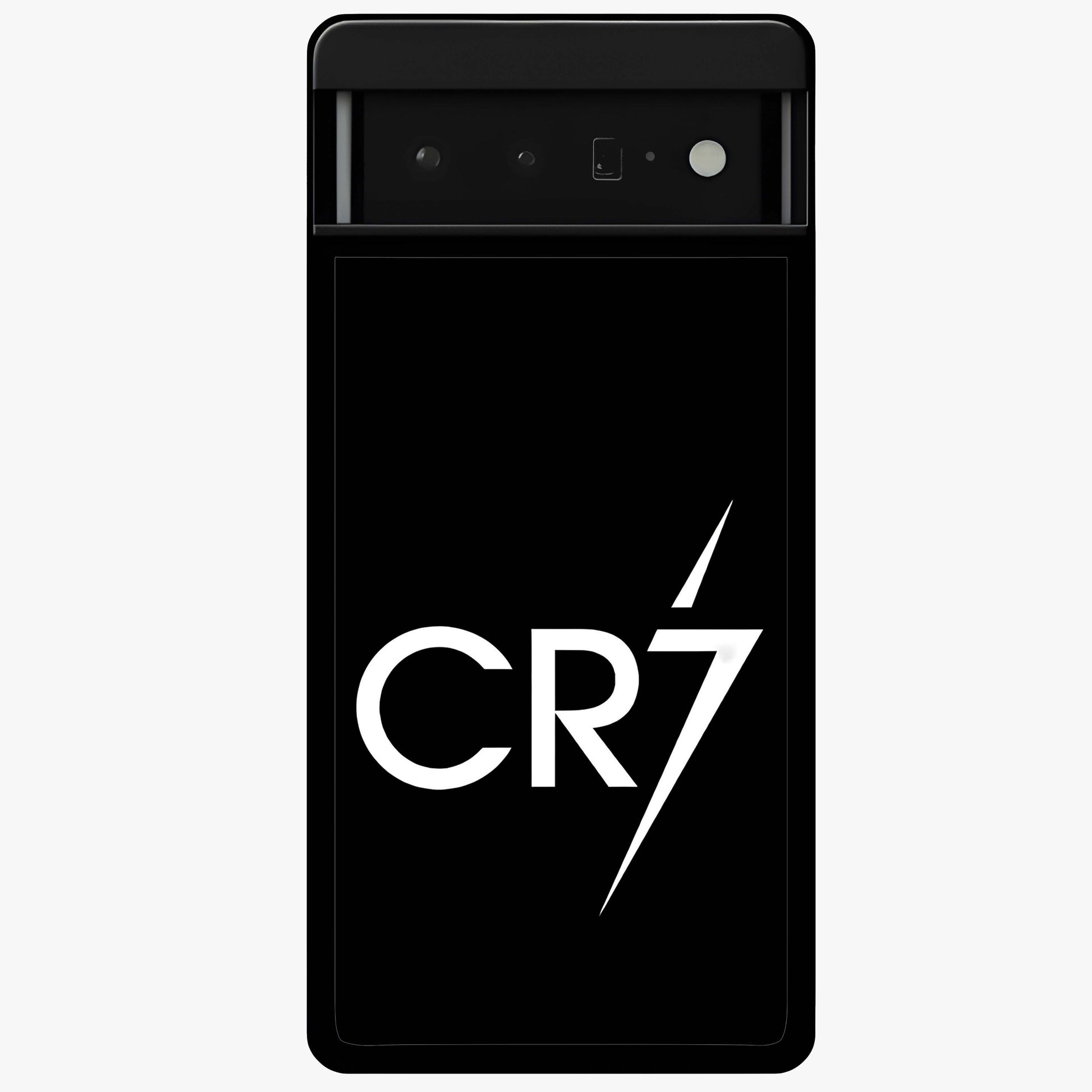 Cr7 Elite Strike Glass Case showing flat back view with dynamic football inspired artwork and glossy glass finish.
