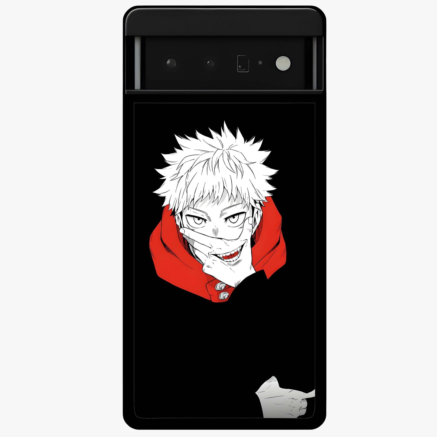 Crimson Chaos Smile Glass Case showing flat back view with bold chaotic smile artwork and glossy glass finish.