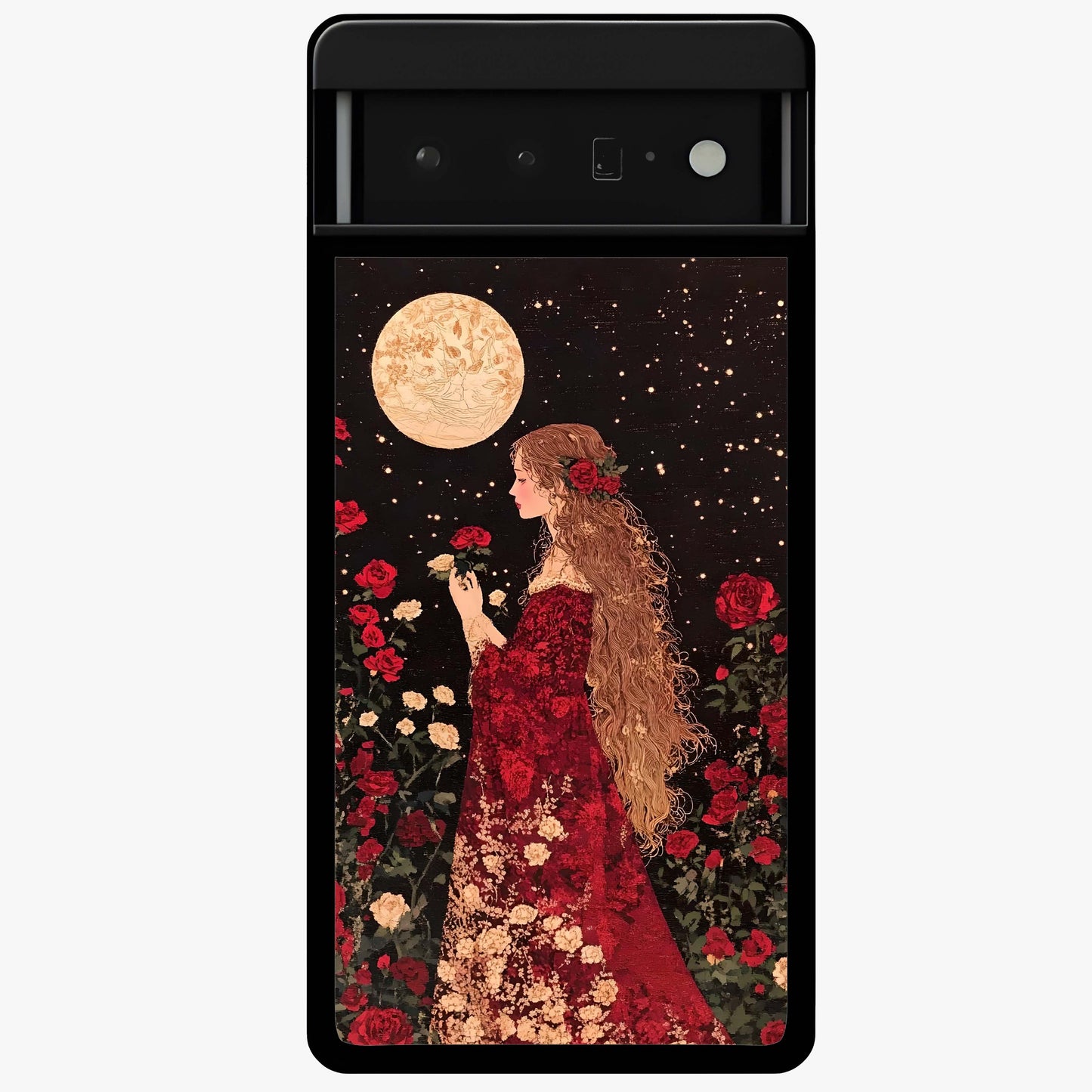Crimson Dreams Glass Case showing flat back view with dreamy crimson artwork and glossy glass finish.