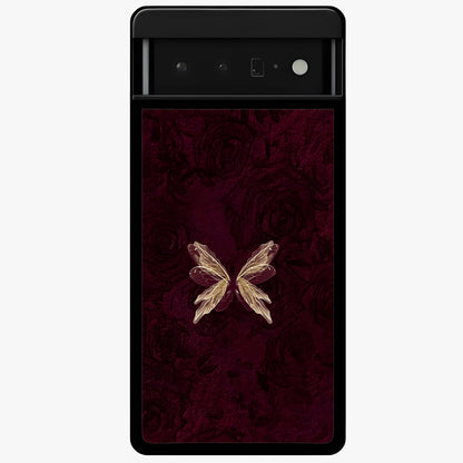 Crimson Fade Butterfly Glass Case showing flat back view with fading butterfly artwork and glossy glass finish.