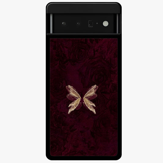 Crimson Fade Butterfly Glass Case showing flat back view with fading butterfly artwork and glossy glass finish.