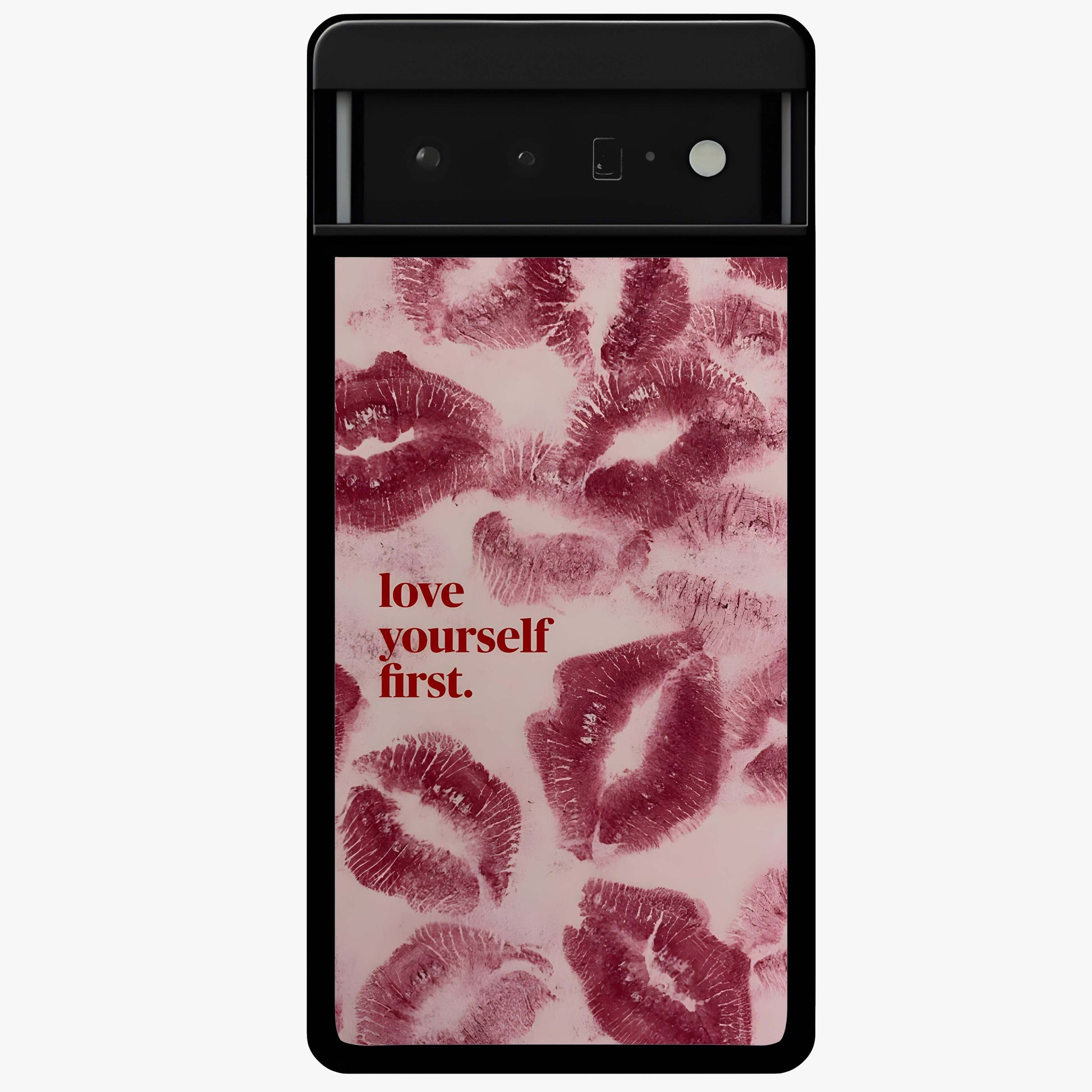 Crimson Kiss Love Glass Case showing flat back view with romantic crimson themed artwork and glossy glass finish.