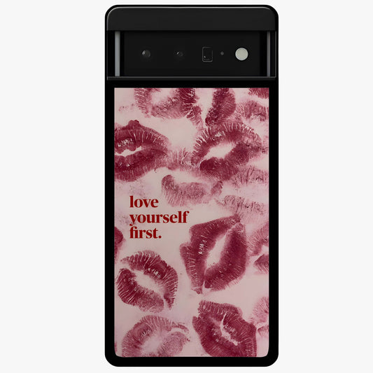 Crimson Kiss Love Glass Case showing flat back view with romantic crimson themed artwork and glossy glass finish.