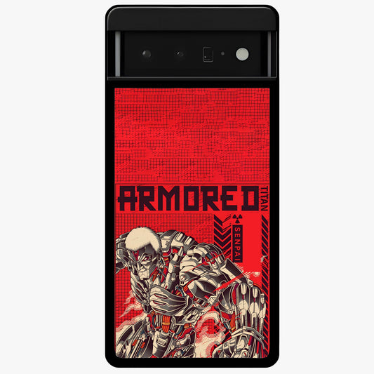 Crimson Mecha Titan Glass Case showing flat back view with powerful mech titan artwork and glossy glass finish.