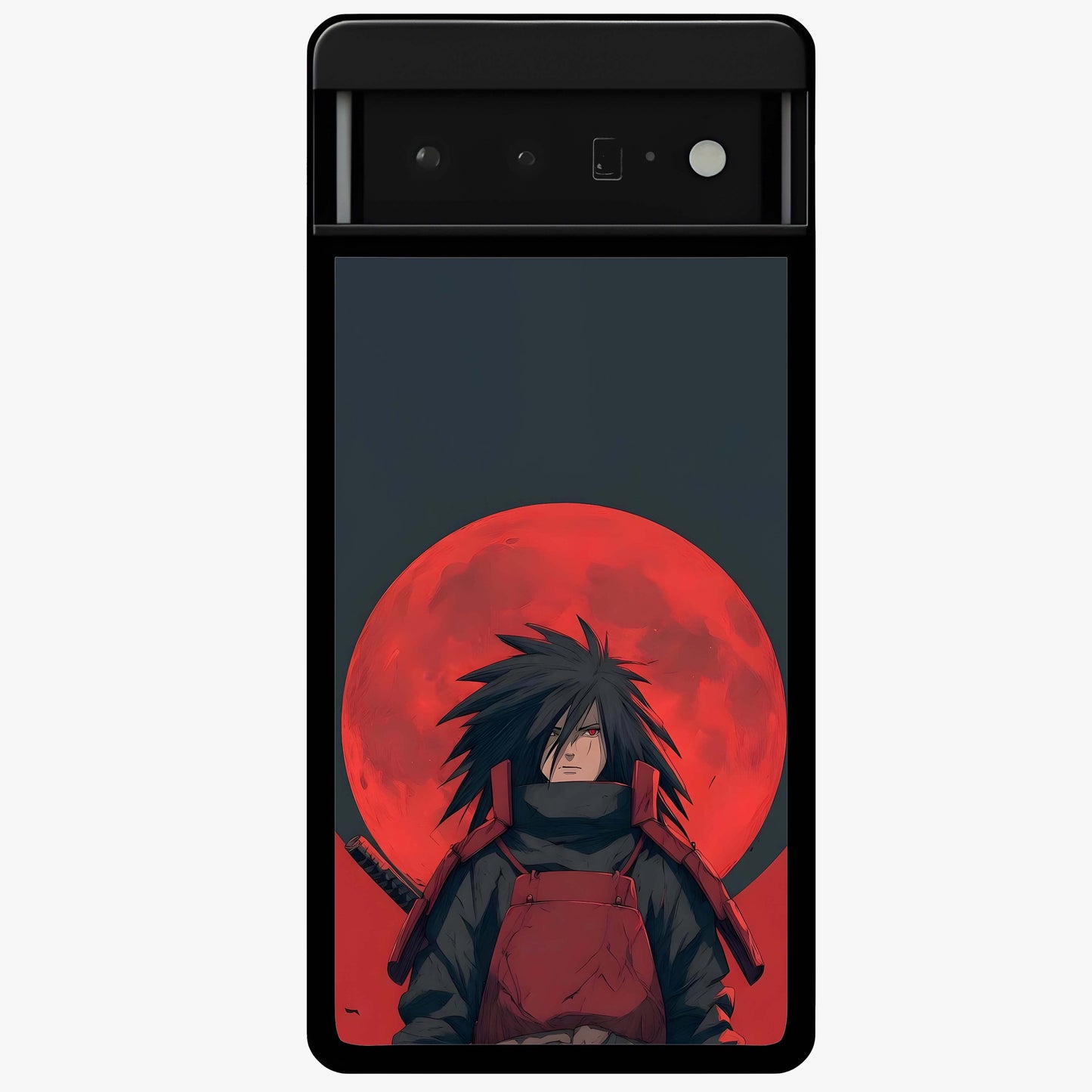 Crimson Moon Warlord Glass Case showing flat back view with mystical moon warrior artwork and glossy glass finish.