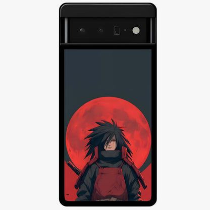 Crimson Moon Warlord Glass Case showing flat back view with mystical moon warrior artwork and glossy glass finish.