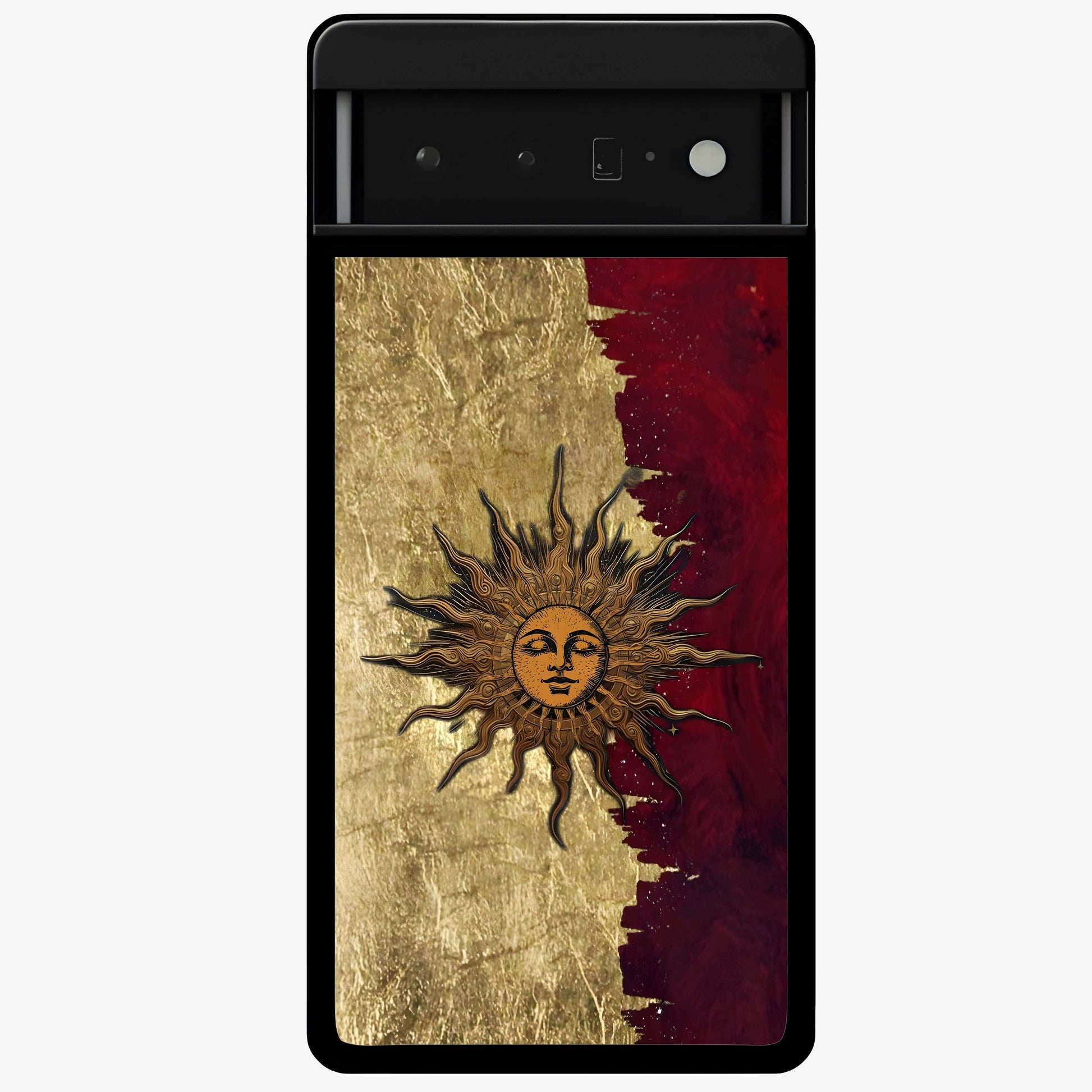 Crimson Sun Majesty Glass Case showing flat back view with radiant sun inspired artwork and glossy glass finish.