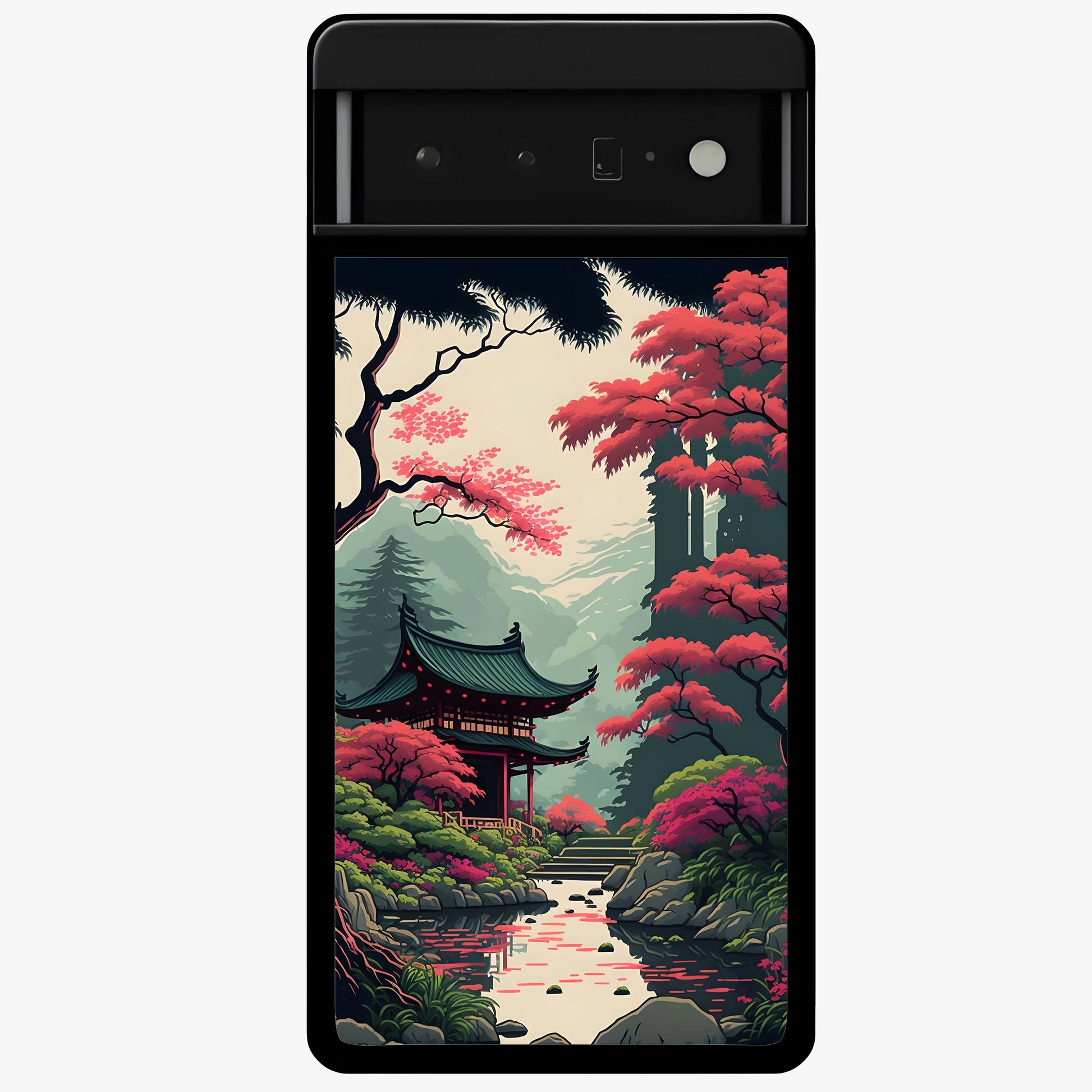 Crimson Temple View Glass Case showing flat back view with temple inspired artwork and glossy glass finish.