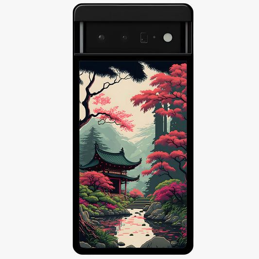 Crimson Temple View Glass Case showing flat back view with temple inspired artwork and glossy glass finish.