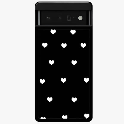 Cute And Simple White Hearts Glass Case showing flat back view with minimal white heart pattern and glossy glass finish.