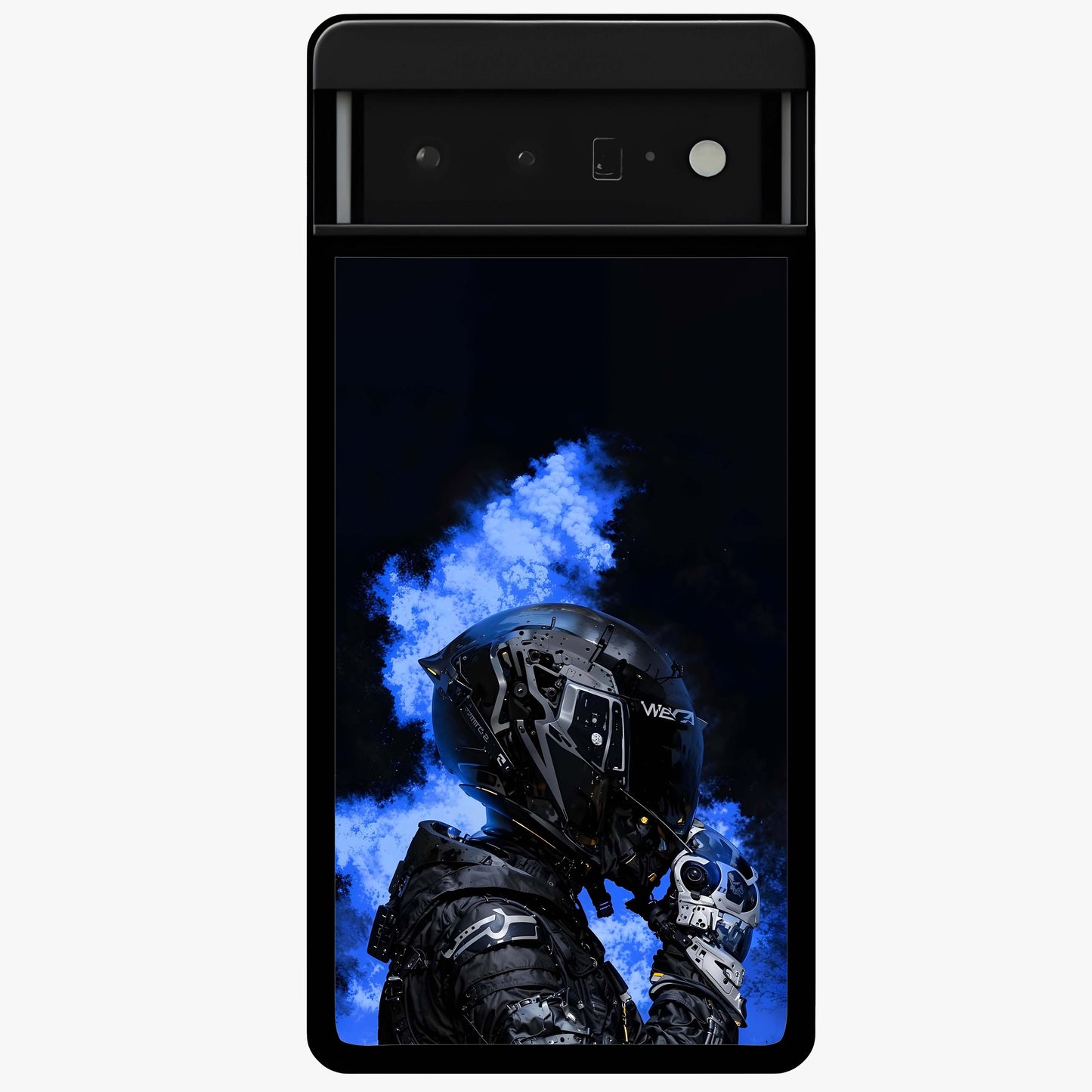 Cyber Sentinel Protocol Glass Case showing flat back view with futuristic cyber themed artwork and glossy glass finish.