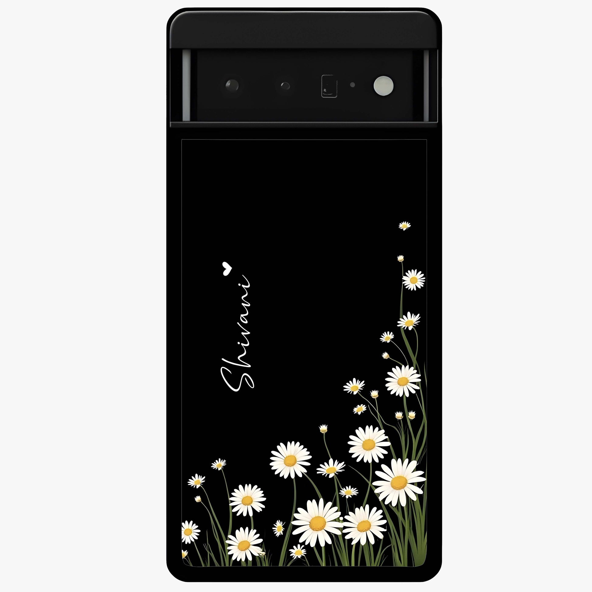 Daisy Cascade Custom Name Glass Case showing flat back view with cascading daisy flowers and personalized name design.