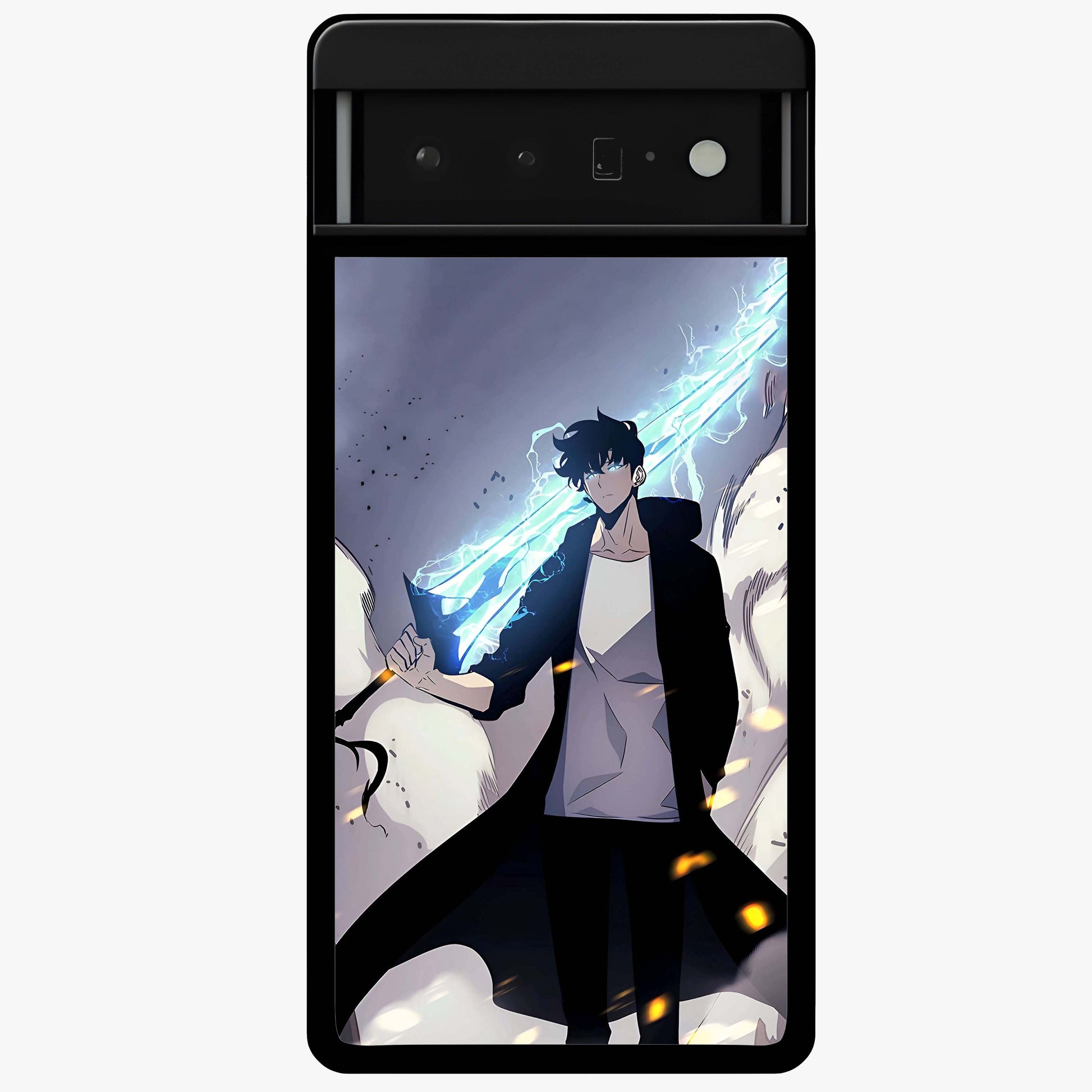 Dark Lightning Anime Warrior Glass Case showing flat back view with intense anime warrior artwork and glossy glass finish.