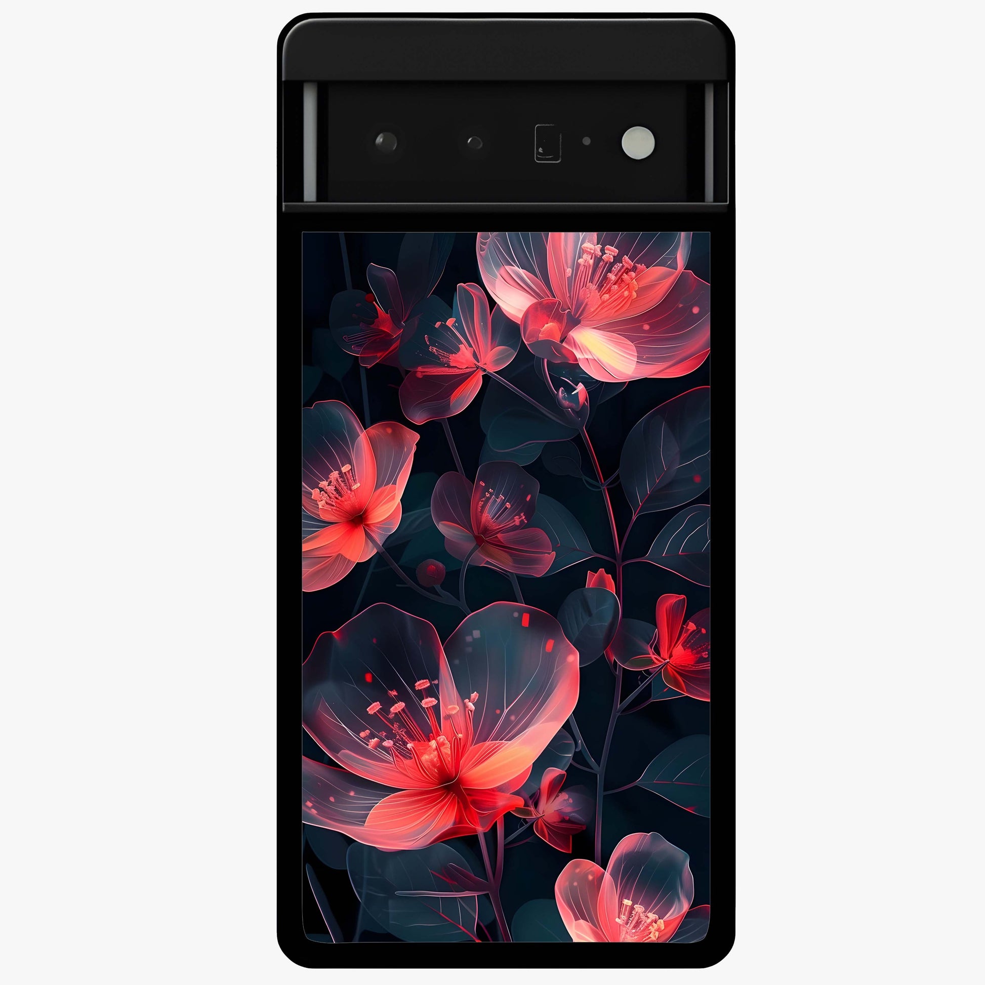 Dark Shade of Flower Glass Case showing flat back view with elegant dark floral artwork and glossy glass finish.