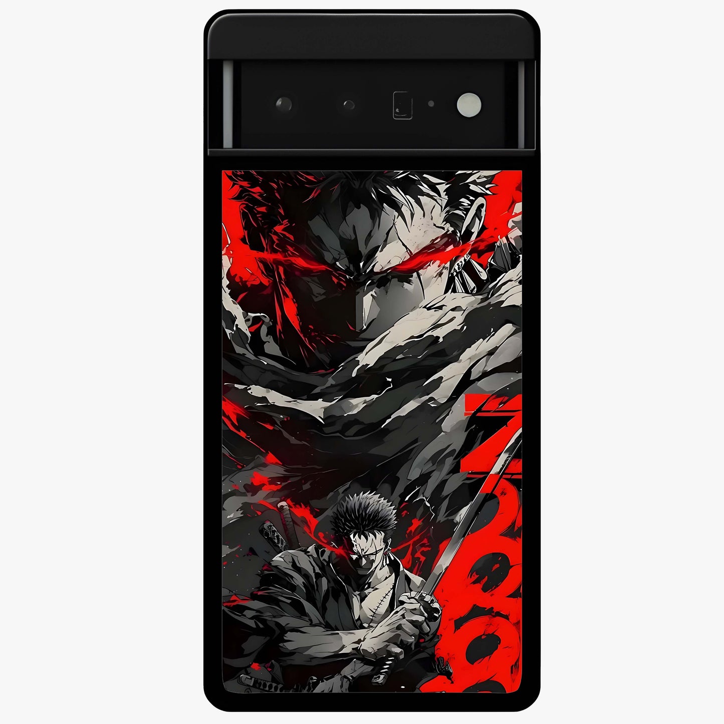 Demon Sword Resolve Glass Case showing flat back view with fierce sword warrior artwork and glossy glass finish.