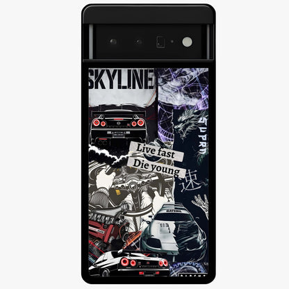 Die Young Glass Case showing flat back view with bold artistic typography design and glossy glass finish.