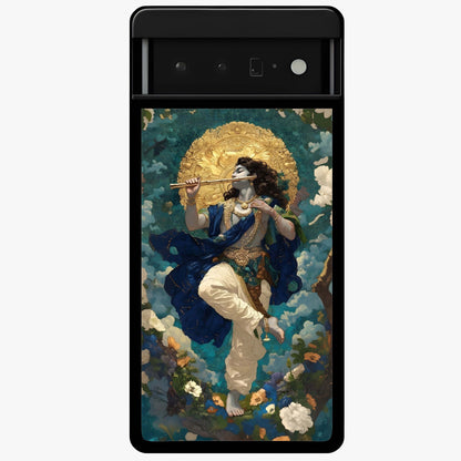 Divine Krishna Art Glass Case showing flat back view with Lord Krishna artwork and glossy glass finish.