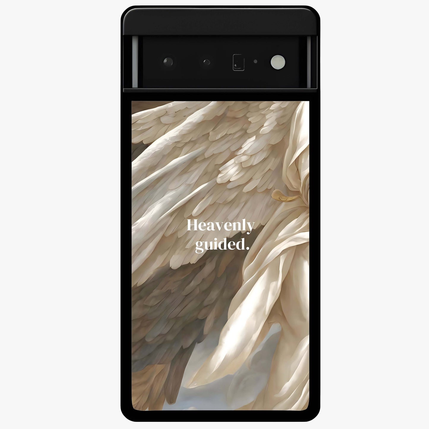 Divine Winged Grace Glass Case showing flat back view with elegant wing inspired artwork and glossy glass finish.
