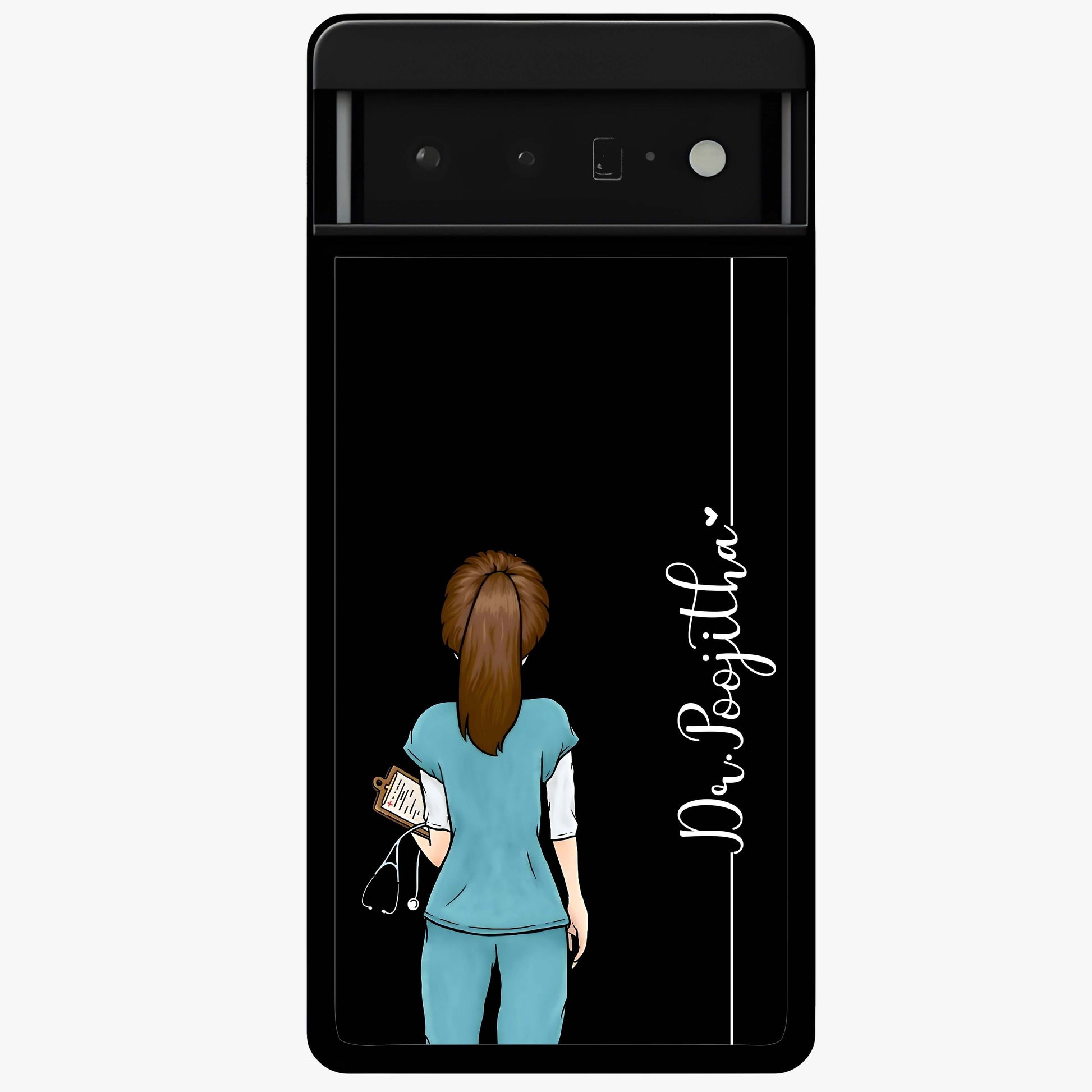 Doctor Pattern Custom Name Glass Case showing flat back view with medical themed pattern and personalized name design.