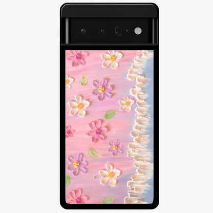 Dreamy Painted Garden Glass Case showing flat back view with artistic painted floral garden artwork and glossy glass finish.