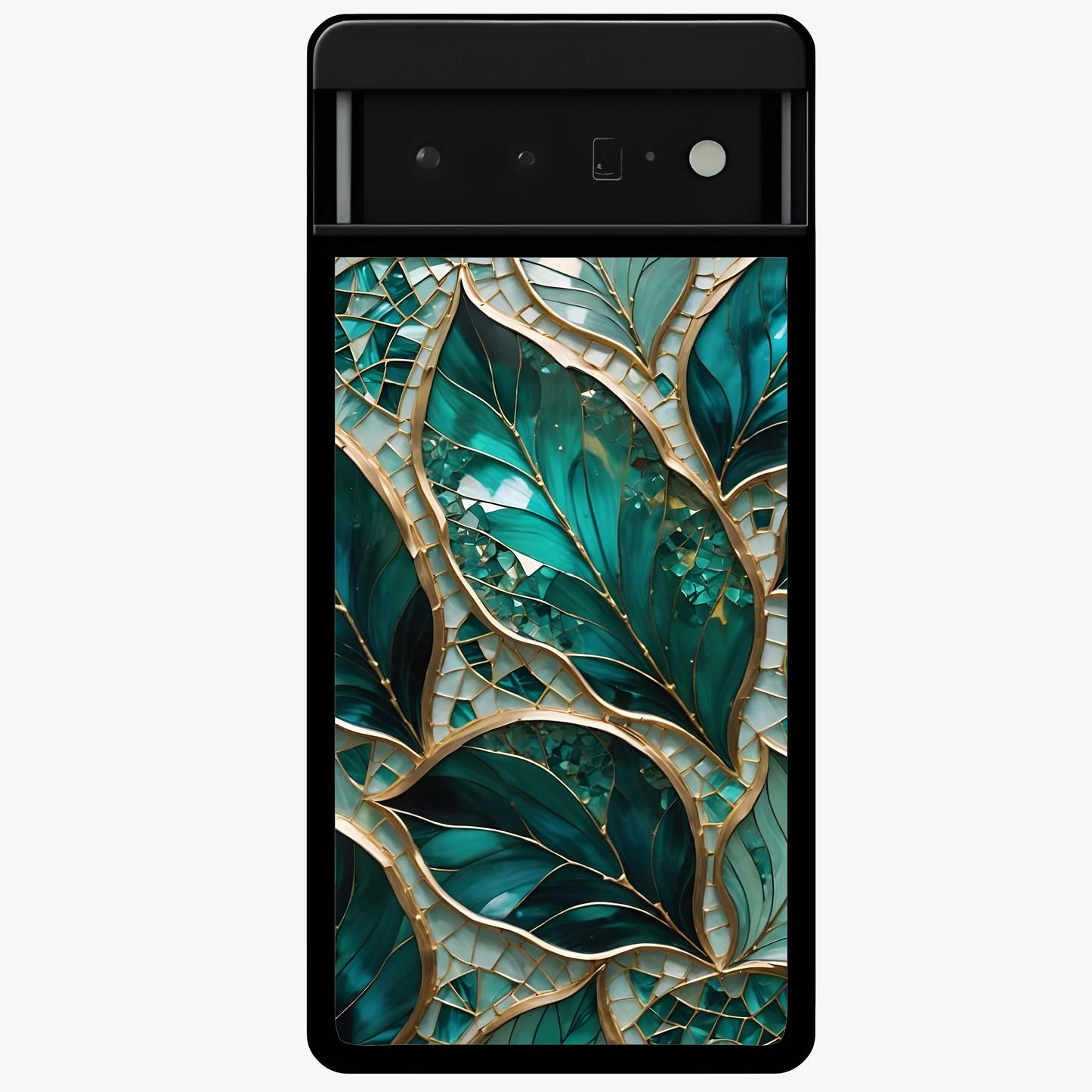 Emerald Leaf Glass Glass Case showing flat back view with emerald green leaf artwork and glossy glass finish.