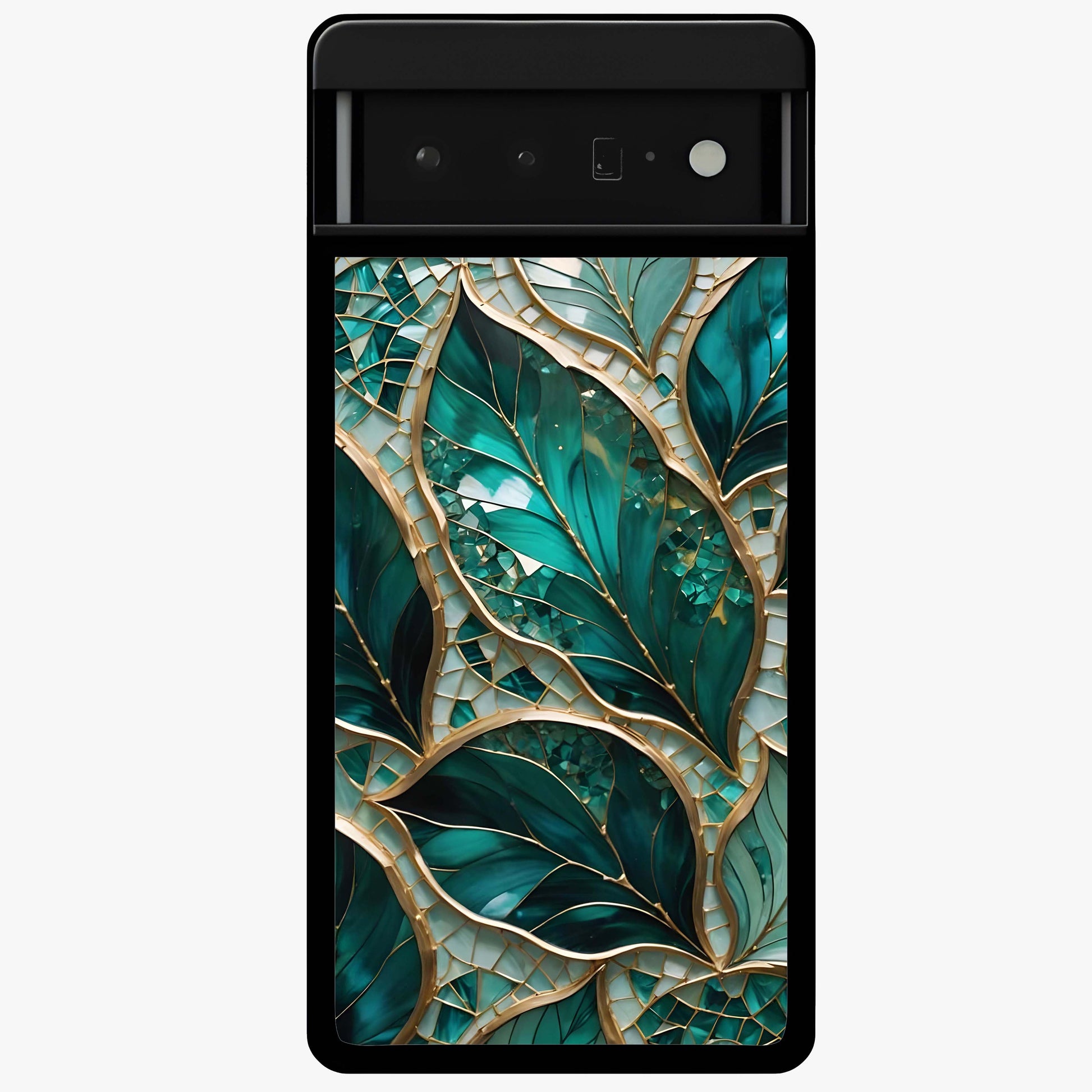 Emerald Leaf Glass Glass Case showing flat back view with emerald green leaf artwork and glossy glass finish.