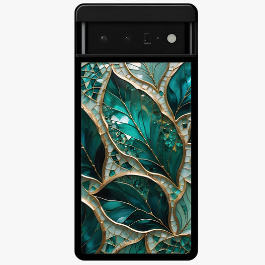 Emerald Leaf Glass Glass Case showing flat back view with emerald green leaf artwork and glossy glass finish.