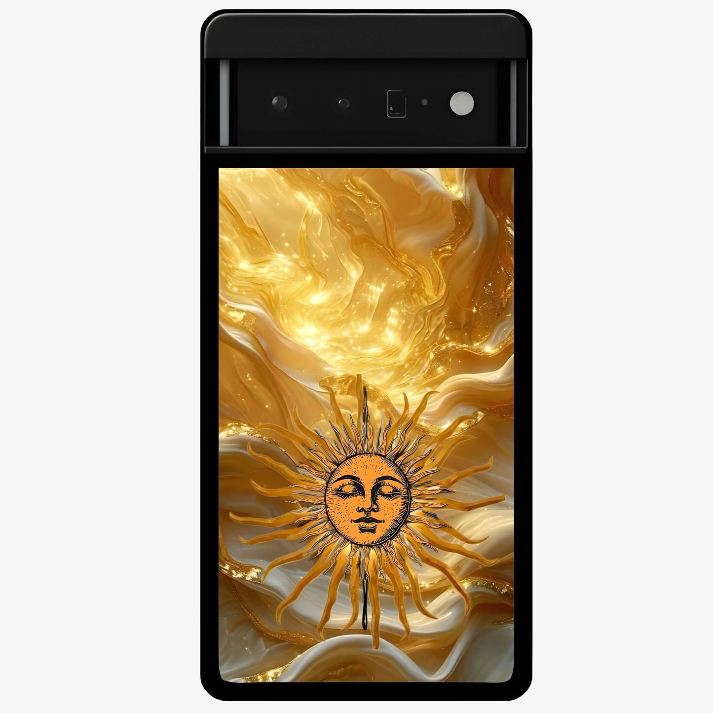 Eternal Golden Glow Glass Case showing flat back view with radiant golden themed artwork and glossy glass finish.