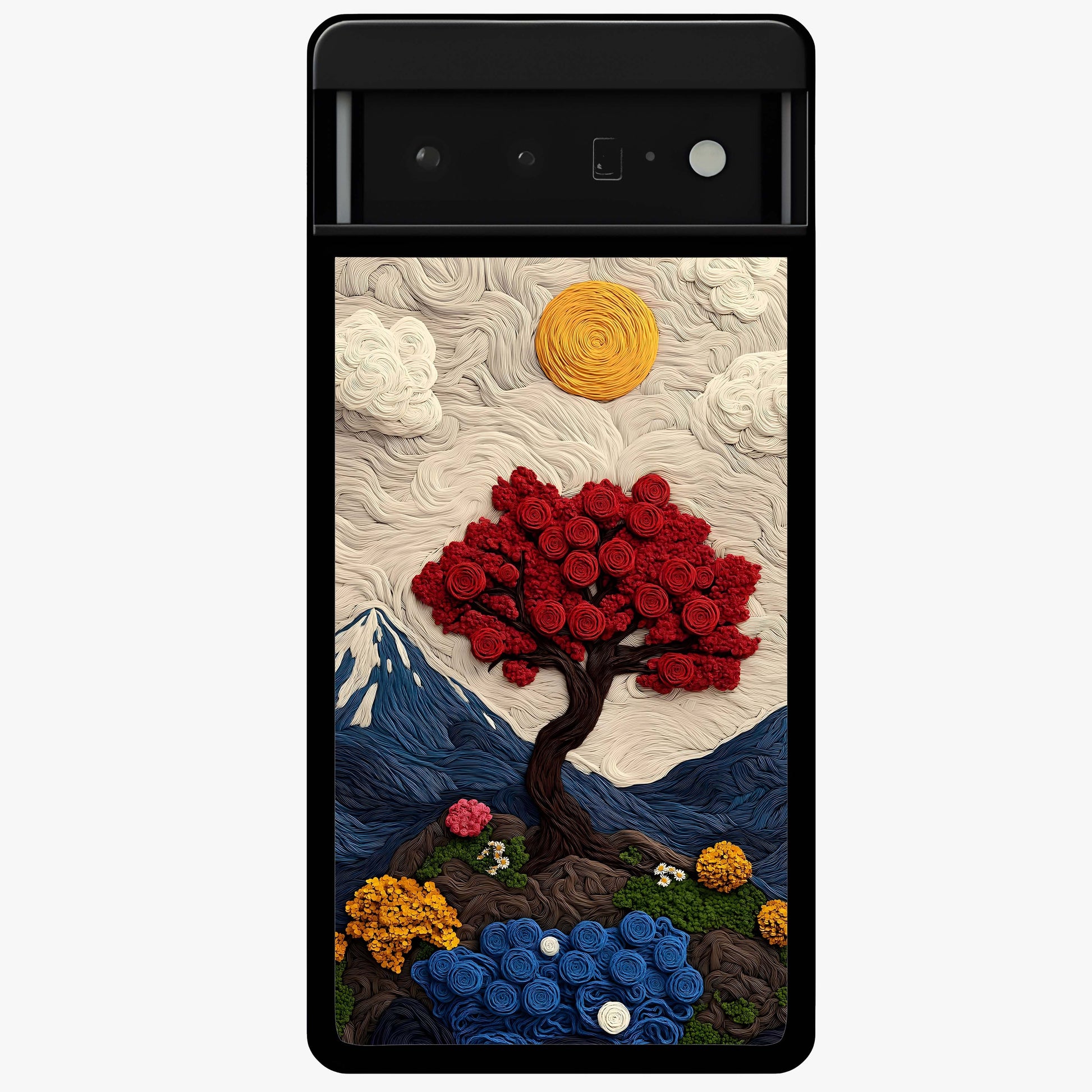 Eternal Nature Tapestry Glass Case showing flat back view with intricate nature tapestry artwork and glossy glass finish.